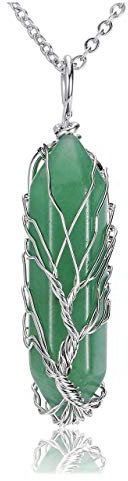 JOVIVI Tree of Life Green Aventurine Crystal Gemstone Pendant Necklace Silver Wire Wrapped Healing Point Chakra Quartz Stone Necklace for Women Men