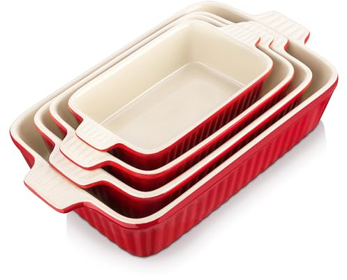 Bakeware Set of 4, MALACASA Porcelain Baking Pans Set for Oven, Casserole Dish, Ceramic Rectangular Baking Dish Lasagna Pans for Cooking Cake Pie Dinner Kitchen, Red (9.5/11.25/12.75/14.5)