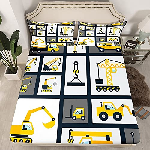 Jungen BAU Spannbettlaken 90x200cm Kinder Karikatur Maschinen LKW Bettlaken Set für Kinder Mädchen Schlafzimmer Baustelle Auto Fahrzeug Dekor Spannbetttuch weich Lauschig