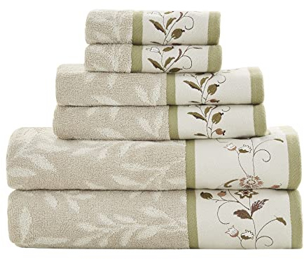 Madison Park Serene 100% Cotton Bath Towel Set Luxurious Floral Decorative Towels for Bathroom Embroidered Cotton Jacquard Design Soft Highly Absorbent for Shower 600 GSM, Multi-Sizes, Green 6 Piece