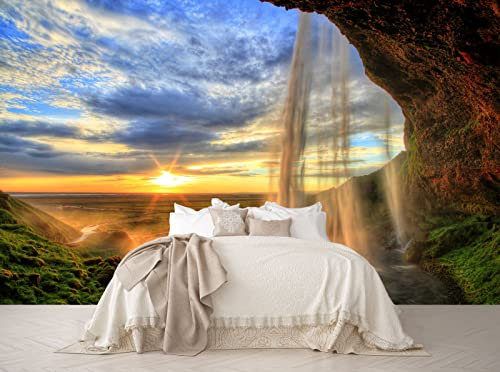 Reyhui Natürliche Landschaft Wandtapete Wasserfall und Sonnenaufgang Wandbild Tapete für Schlafzimmer Wohnzimmer TV Hintergrund Sofa Wand (nicht selbstklebend)
