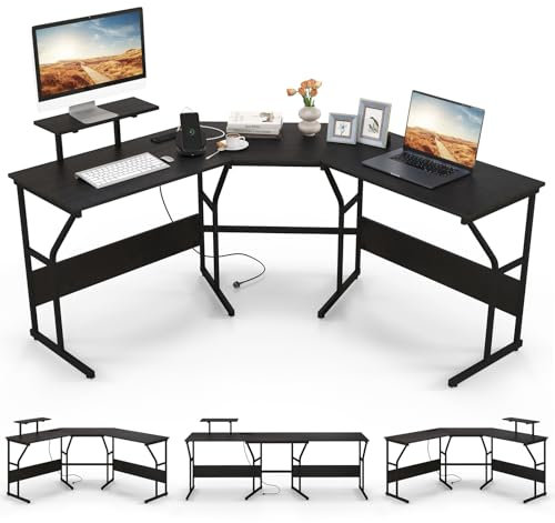 COSTWAY L-Shaped Computer Desk, 225cm Convertible Double Study Writing Workstation with Movable Monitor Stand, Corner Home Office Desk PC Laptop Gaming Table for 2 Person (Black)