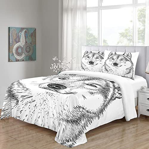 GIMFRY Bettwäsche 135X200 3 Teilig (1 Bettbezug Und 2 Kissenbezüge) Bettwäsche Set Kinder 3D Schwarz-Weiß-Tier Wolf Druck Weiche Microfaser Bettbezüge Mädchen Biber Mit Reißverschlus