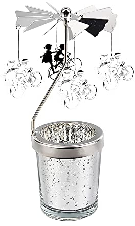 Fahrrad Mann Frau Teelicht Karussell Windlicht Glas Teelichthalter Gold Teelichtglas Rotierender Kerzenhalter Eisen Metall Kerzenständer für Valentinstag Deko Hochzeit Dekoration Wohnzimmer Tischdeko