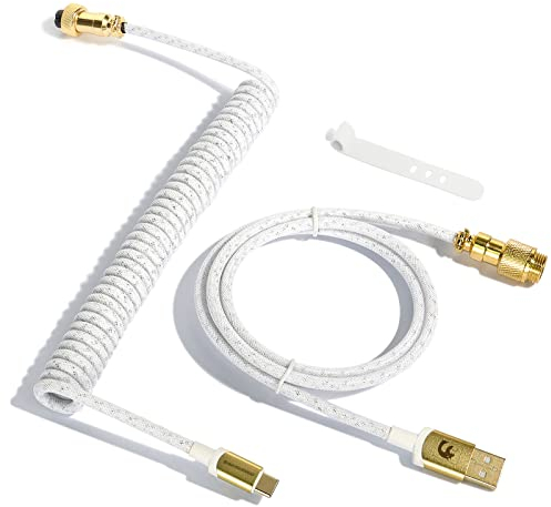 MAMBASNAKE C03 Coiled USB C Kabel für Gaming-Tastatur, Starlight Geflochtenes Tastaturkabel, Typ C bis USB A, Braided Cable Usb C, Spiral Tastaturkabel Typ C, Abnehmbare Gold-Luftfahrtanschluss-Weiß