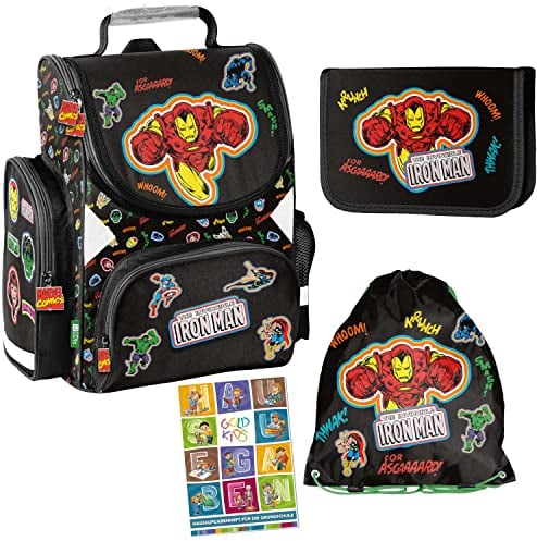 Goldkids Schulranzen Set Avengers Marvel ergonomischer Ranzen Federmappe Turnbeutel Aufgabenheft für die Grundschule 4er Set. Geeignet ab der ersten Klasse der Grundschule.