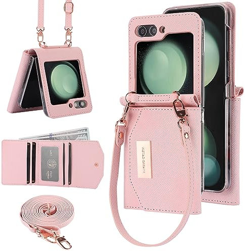 XIMAND for Samsung Galaxy Z Flip 5 Wallet Case with Built-in Leather Cash Slot and Credit Card Holder. Wristlet Strap and Hinge Protection, Carrying Handbag Phone Case for Women Ladies.(Pink)