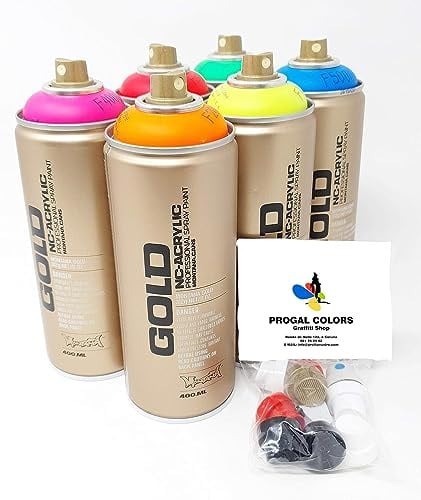 PROGAL COLORS Perfect fluoreszierendes Set (6 x 400 ml Montana Gold fluoreszierende Farbe + 12 Düsen) – Neonfarben – leuchten in dunklen Effekten unter UV-Licht