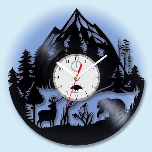 Viiluuxr Vinyl Schallplatte LED Wanduhr 12 Zoll Silent Glow in The Dark Neon Uhr Waldbär Hirsch Wohnkultur Nachtlicht Fernbedienung Leuchtende Uhr