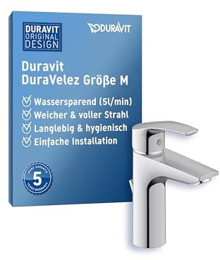 Duravit DuraVelez wassersparende Waschtischarmaturen, Größe M (Auslauf Höhe 106 mm), Waschbecken Armatur, Wasserhahn Bad mit Zugstangen-Ablaufgarnitur, Chrom
