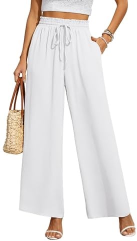 BEIGAI Damen Hosen Weite Lose Gerade Geschnitten Palazzo Hose Hohe Taille Dehnbar Lounge Elegante Hose mit Taschen,Weiß,S