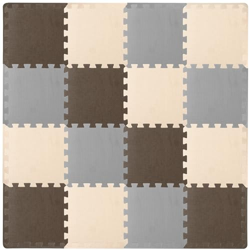 ProSource Baby Play Mat, Soft Foam Floor Tiles for Kids, Interlocking EVA Panels for Playpen Use, Crawling Development Surface, Safe Non-Toxic Toddler Flooring, 16 Tiles, Brown/Beige/Gray