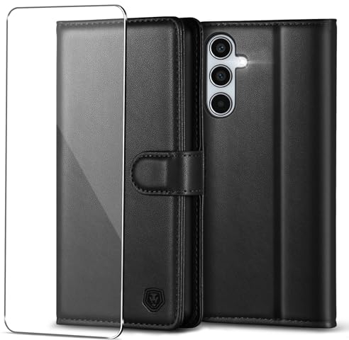 Handyhülle für Samsung Galaxy A55 5G Hülle mit Panzerglas Schutzfolie Premium PU Leder Klapphülle Case Brieftasche Kartenfach Ständer Magnet Handytasche Cover Schutzhülle für Samsung A55 5G - Schwarz