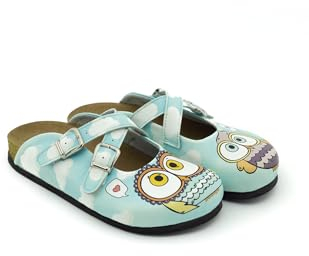 Terlik Sabo Cork Sole ST180 Leder Clogs Mules Hausschuhe Sabot Schuhe, Damen, Blaue Eule, EU 37