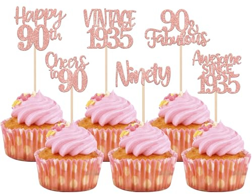 Rsstarxi 24 Pack Happy 90th Birthday Cupcake Toppers Glitter Ninety 90 Fabulous Vintage 1935 Cupcake Picks for Cheers to 90 Years 90th Birthday Wedding Anniversary Party Cake Decorations Rose Gold