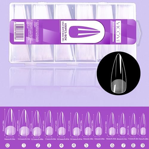 MrCuvaryas Lot de 600 faux ongles Stiletto longs, à couverture complète, en gel souple, courts, pré-polis, en résine PMMA pour femmes, salon, 9 tailles