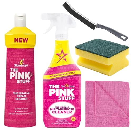Pink Stuff Multi-Purpose Cleaner Spray 850ml & Miracle Cream Cleaner 500ml Bundled with Crevice Grout Gap Brush, Cloth & Sponge For Household, Kitchen, Bathroom Cleaning
