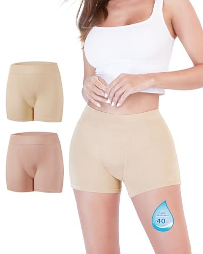 TIICHOO Periodenunterschwäsche Starke Blutung Damen Boxershorts Hohe Taille Perioden Unterwäsche 2er Pack(X-Large, Roségold/Beige)