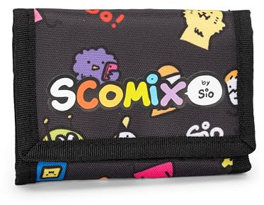 COMIX Scomix by Sio - Portafoglio Comix Scottecs con Pratica Chiusura in Velcro, Portamonete con Tasca Esterna e Scomparti Interni, Idea Regalo Bambini e Ragazzi, 13x8,5cm, Nero