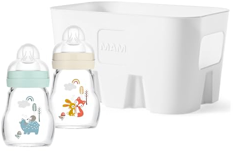 MAM Feel Good Combi Set, 2x Babyflasche aus Glas (170 ml), Baby Erstausstattung mit Sauger Gr. 1 und Flaschenkorb, Baby Geschenk Set, ab der Geburt, Bär/Fuchs