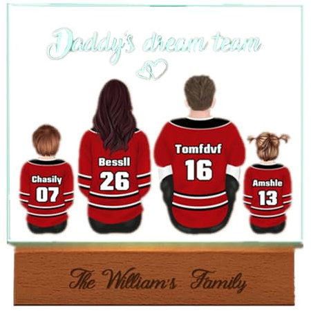 Personalisierter Name Daddy's Dream Team Nachtlicht Vatertag Hockey Shirt Druck Lampe für Schlafzimmer Sport Hockey Geschenk für Papa Ehemann Opa Hockey Familie Portrait Acryl Nachtlichter Hockey
