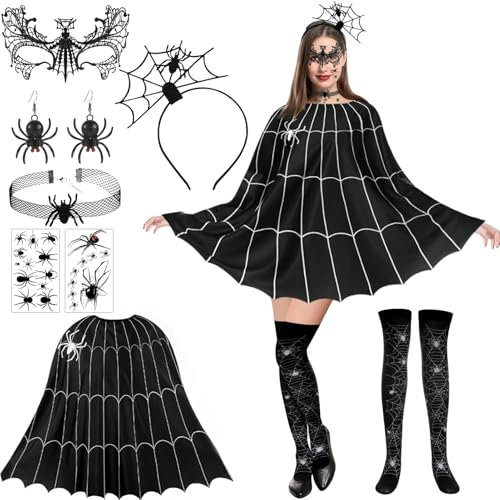 7 Stück Halloween Kostüm Spinne, Spinnennetz Kleid Poncho Kostüm, Spinnennetz Poncho, Kostüm Spinne, Spinne Maske, Halloween Kostüm Set, Spinnennetz-Umhang für Damen Halloween Dress Up Party