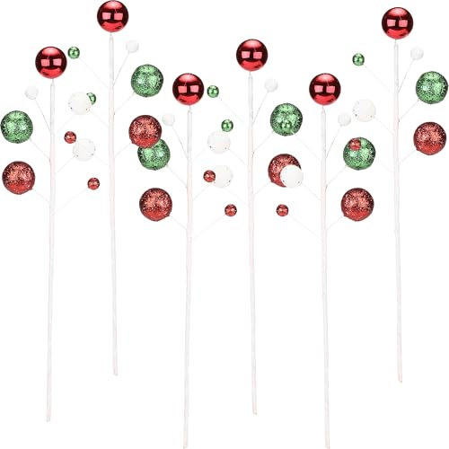 Sea Team 6-Pack Decorative Christmas Tree Branches, Ball Ornament Twigs, Tree Toppers, Vase Fillers, Stems, Picks for Christmas Tree, Wreath, Garland, 15-Inch, Elf