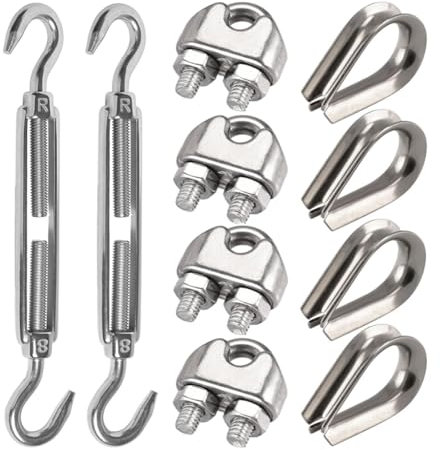 VZU Lot de 10 tendeurs de câble M8 en acier inoxydable - Crochets de serrage de câble de 8 mm - Pour câble métallique, voile d'ombrage, tendeur de clôture, tendeur de corde à linge