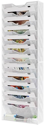 Solinxe 12-Tier Desk Tidy Organiser in Tray, A4 Wall Mounted Document Holder, Vertical Metal Magazine Rack, Wall Hanging Paper Storage Organiser for Office Accessories Stationery Supplies, White