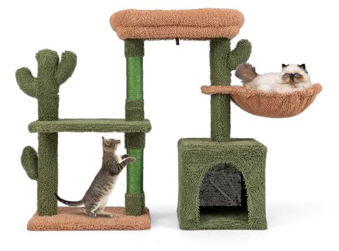 COSTWAY Árbol para Gatos, Torre para Gatos con Diseño de Cactus Verde con Condominio, Hamaca, Plataforma, Postes de Rascado de Sisal, Cojín Lavable, Árbol Rascador para Gatos (90 x 30 x 81 cm)