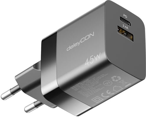 deleyCON Cargador USB A y C (2 Puertos Rápido 45W) Adaptador de Corriente USB para iPhone 16/15/14/13 S25/S24/S23 Pixel Teléfono Móvil iPad Tableta Portátil Notebook USB Cargador - Negro