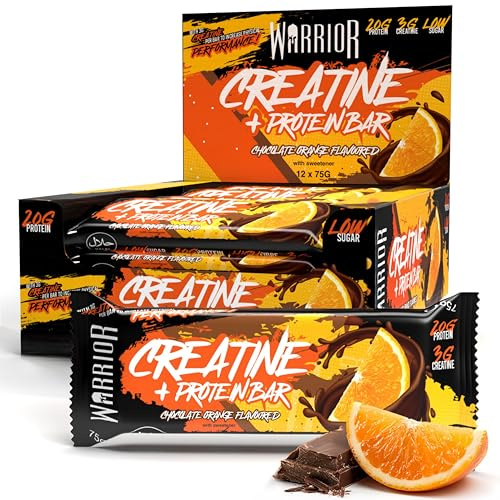 Warrior RAW Plus Creatine Protein Bars 12 x 75g High Protein Oat Flapjack | 20g Protein, 3g Creatine Per Bar, Low Sugar, Oat Flapjack, Muscle Growth, Strength & Recovery (Chocolate Orange)