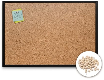 Tulup Korkplatte Wand 70x50 cm Naturkorkschicht mit Schwarzer Rahmen aus Kunststoff für Büro Schule und Zuhause mit Rahmen Mit Pushpins Pinnwand Kork Memo Board 1,5 cm Dicke