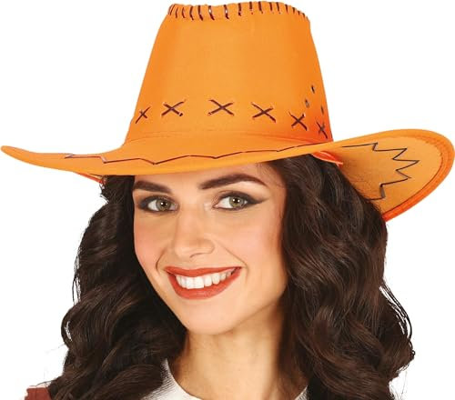 FIESTAS GUIRCA | Sombrero Vaquero Simil-Piel (Talla Única) - Accesorio de Disfraz para Fiestas del Viejo Oeste, Texas y Carnaval - Ideal para Cosplay y Halloween - Para Adultos Unisex - Naranja