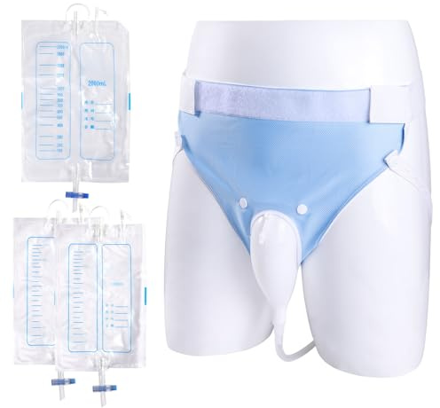 Urinsammelbeutel Kondomkatheter für Männer, wiederverwendbar, tragbar, tragbar, Harndrainage mit (2000 ml x 1 + 1000 ml x 2) Urinkatheterbeutelsystem (blau-ältere Männer)