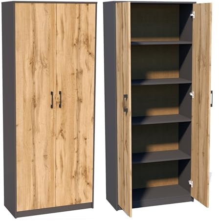 Aktenschrank mit 5 Fächern Mehrzweckschrank Haushaltsschrank in mattem Finish mit 4 Einlegeböden und 2 Türen, 74 cm breit aus Laminatplatte und hochwertigen Polymergriffen Graphit Eiche