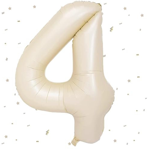 Beige Luftballon 4,Zahlen Luftballon Beige,40 Zoll Weiß Creme Folienballon 4，101cm Sandweiß Zahlenballon 4 Helium Ballon Luftballon 4 Geburtstag für 4 Jahre Geburtstagsdeko Kinder Mädchen Junge