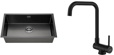 Lonheo Fregadero de cocina 74 x 44 cm negro+grifo de cocina plegable Lform-Negro