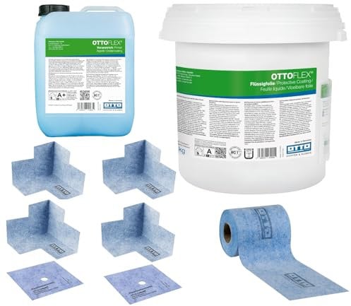 OTTOFLEX Komplett-Dichtset mit 20 kg Flüssigfolie und 1 Beutel Farbpaste (10g) 5 kg Voranstrich 2 Wanddichtmanschetten 15 x 15 cm 20 Meter OTTOFLEX Objektdichtband 4 Innenecken Abdichtung