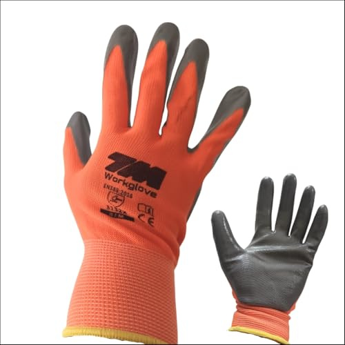 Genérico 12 Pares de Guantes Trabajo Hombre – Guantes de Nitrilo y Poliéster de Alta Protección a Golpes, Desgarro y Abrasión, Talla 8 -M - Guantes de Trabajo Versátiles, Múltiples Aplicaciones (M-8)