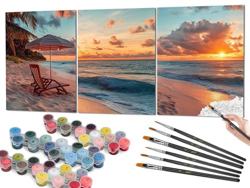 Bougimal Peinture par numéros pour Adultes, avec pinceaux et peintures acryliques, Triptyque, Plage, 3 Pièces 28x35cm(Sans Cadre)