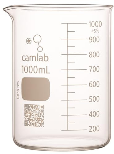 Camlab Graduated 3,3 Borosilicate Glass Low Form Beaker, With Spout, Griffin Beaker, Chemically Resistant and Heat Resistant, 1000ml Glass Beaker, Pack of 1