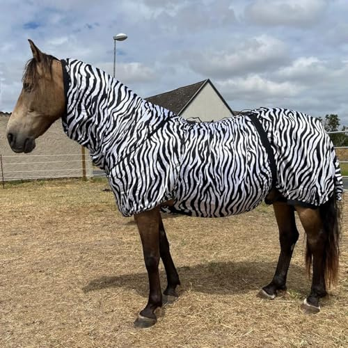 Ekzemerdecke Pferd Zebra mit Halsteil | elastische Einsätze, Bauchlatz & Schweiflatz | Insektenschutz Decke für Sommer | Atmungsaktiv (105)