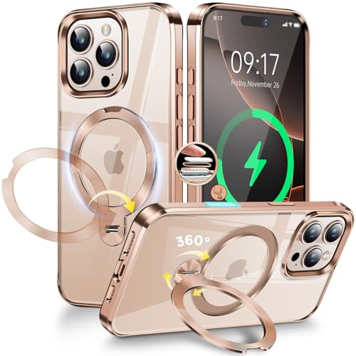 [CD-Metallring & Unsichtbarer 360° Drehständer] Magnetische Hülle für iPhone 16 Pro Max [Galvanisierter Stoßfester Bumper][Kompatibel mit Magsafe] Durchsichtige Hülle mit Ständer–Titan Wüstensand