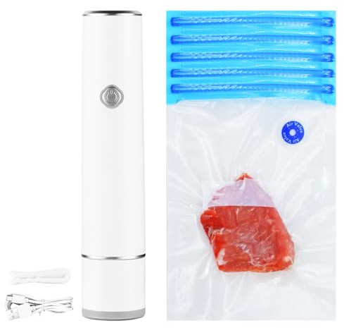 ROVXIEL Cordless Vacuum Sealer, Food Sealer Machine with 5 Vacuum Bags, Handheld & Portable for Food Storage,Ideal for Kitchen Food Preservation, 60kpa Strong Suction with 1200mAh Battery (White)