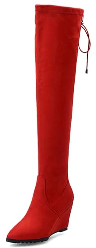 Gicoiz Compensées Cuissarde Bottes Extensibles Femme Pointu A Enfiler Hiver Warm Talons Hauts Elegant Soirée Botte Hautes Bureau Rouge Taille 39 EU-40Cn