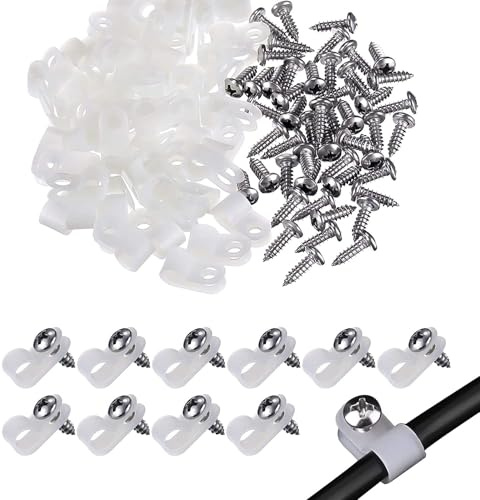 Aroidful 100pcs 1/2 Inch R-Type Wire Clips, White | Nylon Rope Light Mounting Clips, Stainless Steel Screws, for Indoor Outdoor Electrical Wire Clamp Organization