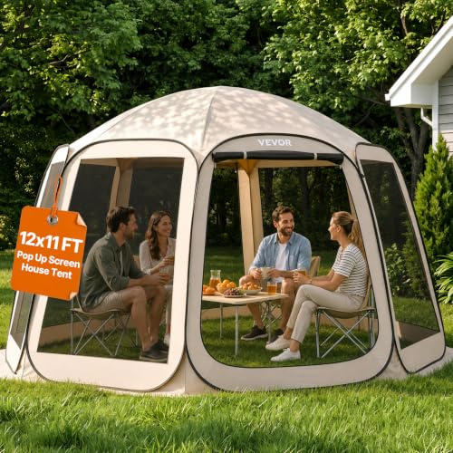 VEVOR Pop up Screen House Tent, 12 x 11 ft, 10-12 Person Screen Gazebo, Portable Screened in Canopy with Carry Bag, Netting Sides, Ground Stakes, for Garden, Patio, Backyard, Outdoor Activities, Beige