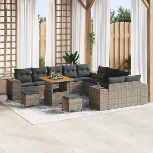Hoopleep Gartensofa-Set 13-teilig, Grau Poly-Rattan, Modulares Outdoor-Lounge-Möbel mit höhenverstellbarem Tisch, UV-beständig, für Terrasse und Balkon
