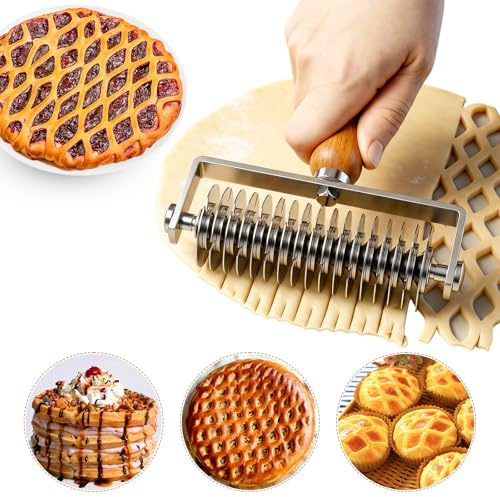Dayacoco Lattice Pastry Cutter with Wood Handle – 17-Gear Stainless Steel Dough Roller Cutter for Pie, Pizza, Biscuit & Bread – Professional Baking Tool for Lattice Designs